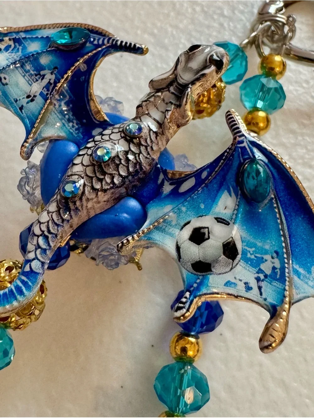 New Blue Crystal Beaded Dragon w/ soccer ball Phone Chain